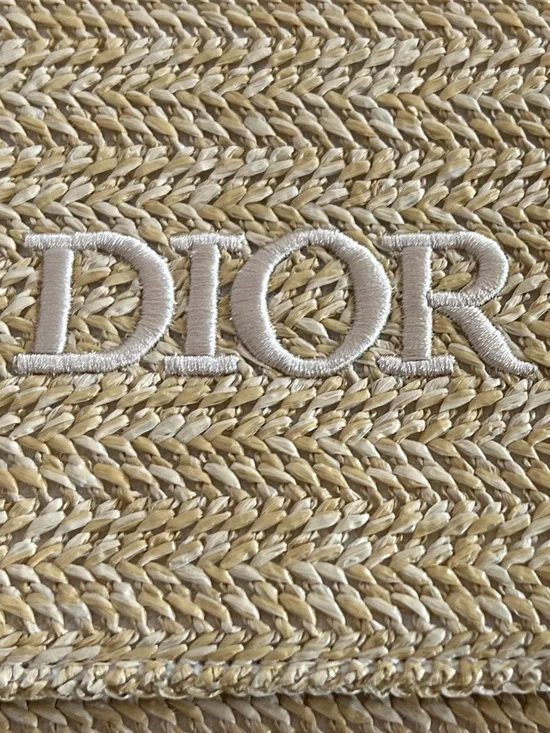 Dior Beige Straw Clutch with Pearl Handle and Gold Ring w gold chain crossbody - Picture 2 of 6